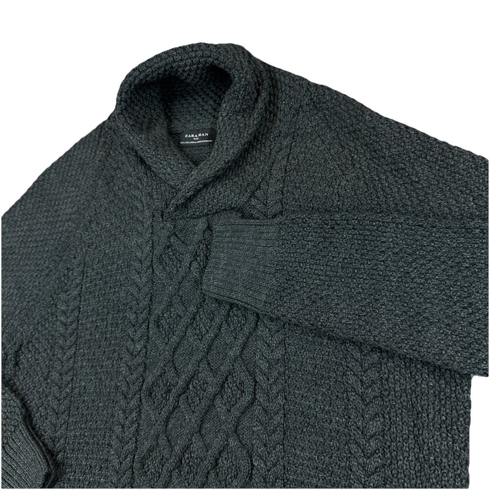 Zara Man Cable Knit Sweater Mens L Charcoal Wool Blend Shawl Collar Preppy